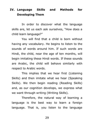 IV. Language

Skills

and

Methods

for

Developing Them
In order to discover what the language
skills are, let us each ask ourselves, “How does a
child learn language?”
You will find that a child is born without
having any vocabulary. He begins to listen to the
sounds of words around him. If such words are
Hindi, the child, near the age of ten months, will
begin imitating these Hindi words. If these sounds
are Arabic, the child will behave similarly with
respect to Arabic words.
This implies that we hear first (Listening
Skills) and then imitate what we hear (Speaking
Skills). We then begin reading (Reading Skills)
and, as our cognition develops, we express what
we want through writing (Writing Skills).
Therefore, the natural way of learning a
language is the best way to learn a foreign
language. That is, you listen to the language
29

 