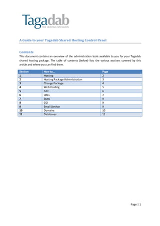 A Guide to your Tagadab Shared Hosting Control Panel


Contents
This document contains an overview of the administration tools available to you for your Tagadab
shared hosting package. The table of contents (below) lists the various sections covered by this
article and where you can find them.

Section            How to...                                     Page
1                  Hosting                                       2
2                  Hosting Package Administration                3
3                  Change Package                                4
4                  Web Hosting                                   5
5                  Edit                                          6
6                  URLs                                          7
7                  Stats                                         9
8                  CGI                                           9
9                  Email Service                                 9
10                 Domains                                       10
11                 Databases                                     11




                                                                                       Page | 1
 