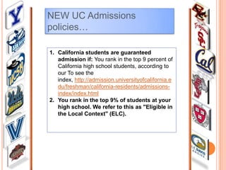 NEW UC Admissions
policies…
1. California students are guaranteed
admission if: You rank in the top 9 percent of
California high school students, according to
our To see the
index, http://admission.universityofcalifornia.e
du/freshman/california-residents/admissionsindex/index.html
2. You rank in the top 9% of students at your
high school. We refer to this as "Eligible in
the Local Context" (ELC).

 