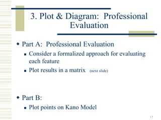 3. Plot & Diagram: Professional
             Evaluation

Part A: Professional Evaluation
  Consider a formalized approach for evaluating
  each feature
  Plot results in a matrix (next slide)



Part B:
  Plot points on Kano Model
                                                  17
 