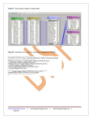 Step-21 And connect output to target table.




Step-22 And then save it (ctrl+s) and check mapping is VALID.




www.bispsolutions.com    |    www.hyperionguru.com   |   www.bisptrainings.com |
      Page 36
 