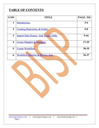 TABLE OF CONTENTS
S.NO TITLE PAGE. NO.
1 Introduction. 3-4
2 Creating Repository & Folder. 5-8
3 Import Data Source And Target Table. 9-16
4 Create Mapplet & Mapping. 17-29
5 Create Workflow. 30-35
6 Workflow Monitor & Review data. 36-37
www.bispsolutions.com | www.hyperionguru.com | www.bisptrainings.com |
Page 2
 
