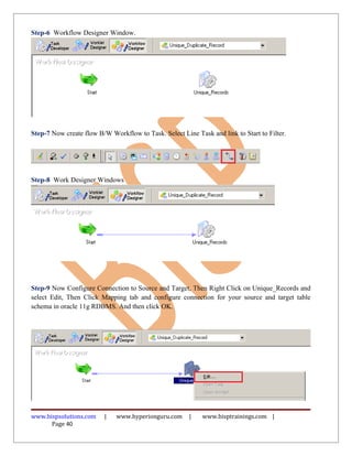 Step-6 Workflow Designer Window.
Step-7 Now create flow B/W Workflow to Task. Select Line Task and link to Start to Filter.
Step-8 Work Designer Windows
Step-9 Now Configure Connection to Source and Target, Then Right Click on Unique_Records and
select Edit, Then Click Mapping tab and configure connection for your source and target table
schema in oracle 11g RDBMS. And then click OK.
www.bispsolutions.com | www.hyperionguru.com | www.bisptrainings.com |
Page 40
 