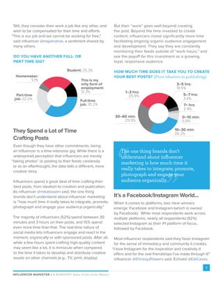 INFLUENCER MARKETER P A #HASHOFF State of the Union Report
4
But their “work” goes well beyond creating
the post. Beyond the time invested to create
content, influencers invest significantly more time
facilitating ongoing organic audience engagement
and development. They say they are constantly
monitoring their feeds outside of “work hours,” and
see the payoff for this investment as a growing,
loyal, responsive audience.
HOW MUCH TIME DOES IT TAKE YOU TO CREATE
YOUR BEST POSTS? (From ideation to publishing)
0–10 min:
5.8%
10–30 min:
26.2%
3–5 hrs:
10.5%
5–7 hrs:
3.4%
7+ hrs:
2.4%
30–60 min:
25.9%
1–3 hrs:
25.9%
It’s a Facebook/Instagram World...
When it comes to platforms, two clear winners
emerge: Facebook and Instagram (which is owned
by Facebook). While most respondents work across
multiple platforms, nearly all respondents (92%)
selected Instagram as their #1 platform of focus,
followed by Facebook.
Most influencer respondents said they favor Instagram
for the sense of immediacy and community it creates.
“I love Instagram for the inspiration and creativity it
offers and for the real friendships I’ve made through it!”
influencer @ChrissyJPowers said. Echoed @EdiCaves,
Still, they consider their work a job like any other, and
wish to be compensated for their time and efforts.
“This is our job and we cannot be working for free,”
said influencer @majamalnar, a sentiment shared by
many others.
DO YOU HAVE ANOTHER FULL- OR
PART-TIME GIG?
Full-time
job: 35.2%
Student: 25.3%
This is my
only form of
employment:
12.3%
Part-time
job: 22.2%
Homemaker:
5.1%
They Spend a Lot of Time
Crafting Posts
Even though they have other commitments, being
an influencer is a time-intensive gig. While there is a
widespread perception that influencers are merely
“taking photos” or posting to their feeds carelessly
or as an afterthought, the data tells a different, more
creative story.
Influencers spend a great deal of time crafting their
best posts, from ideation to creation and publication.
As influencer @mikabowen said, the one thing
brands don’t understand about influencer marketing
is “how much time it really takes to integrate, promote,
photograph and engage your audience organically.”
The majority of influencers (52%) spend between 30
minutes and 3 hours on their posts, and 15% spend
even more time than that. The real-time nature of
social media lets influencers engage and react in the
moment, organically or with sponsored posts. After all,
while a few hours spent crafting high-quality content
may seem like a lot, it is miniscule when compared
to the time it takes to develop and distribute creative
assets on other channels (e.g., TV, print, display).
The one thing brands don’t
understand about influencer
marketing is how much time it
really takes to integrate, promote,
photograph and engage your
audience organically.
 