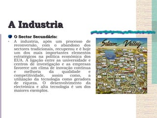 A Industria O Sector Secundário: A industria, após um processo de reconversão, com o abandono dos sectores tradicionais, recuperou e é hoje um dos mais importantes elementos estratégicos na política económica dos EUA. A ligação entre as universidade e centros de investigação e as empresas favorece um clima de inovação contínua e melhoria da qualidade e competitividade, assim como, a utilização da tecnologia como geradora de riqueza. O desenvolvimento da electrónica e alta tecnologia é um dos maiores exemplos. 