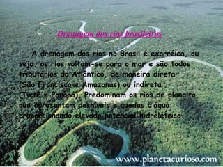   Drenagem dos rios brasileiros   A drenagem dos rios no Brasil é exorréica, ou seja, os rios voltam-se para o mar e são todos tributários do Atlântico, de maneira direta  (São Francisco e Amazonas) ou indireta  (Tietê e Paraná). Predominam os rios de planalto, que apresentam desníveis e quedas d’água proporcionando elevado potencial hidrelétrico. 
