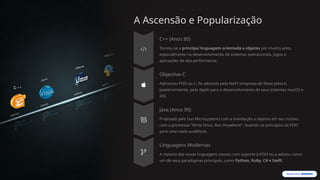 A Ascensão e Popularização
C++ (Anos 80)
Tornou-se a principal linguagem orientada a objetos por muitos anos,
especialmente no desenvolvimento de sistemas operacionais, jogos e
aplicações de alta performance.
Objective-C
Adicionou POO ao C, foi adotada pela NeXT (empresa de Steve Jobs) e,
posteriormente, pela Apple para o desenvolvimento de seus sistemas macOS e
iOS.
Java (Anos 90)
Projetada pela Sun Microsystems com a orientação a objetos em seu núcleo,
com a promessa "Write Once, Run Anywhere", levando os princípios da POO
para uma vasta audiência.
Linguagens Modernas
A maioria das novas linguagens nasceu com suporte à POO ou a adotou como
um de seus paradigmas principais, como Python, Ruby, C# e Swift.
 