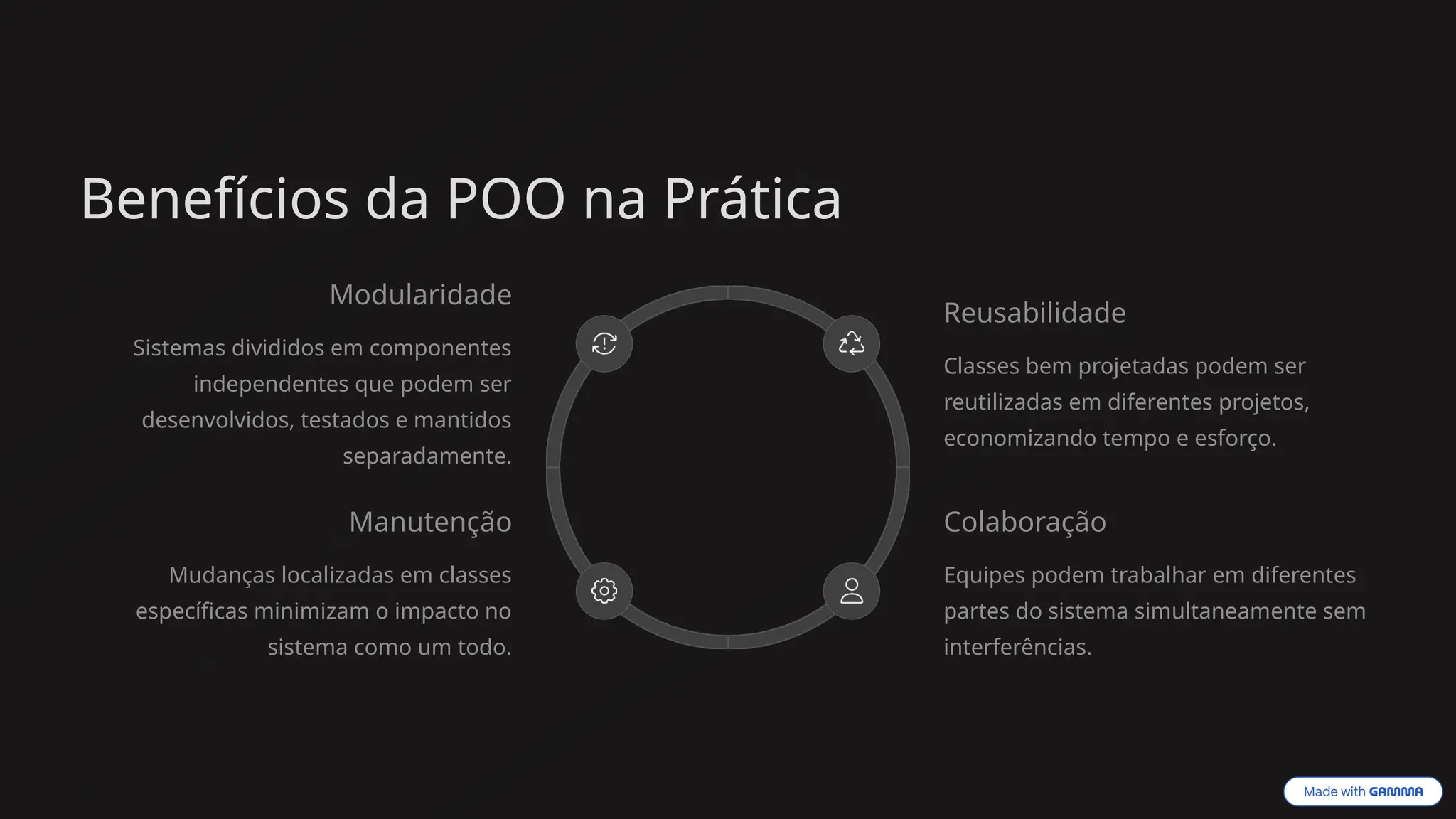 Benefícios da POO na Prática
Modularidade
Sistemas divididos em componentes
independentes que podem ser
desenvolvidos, testados e mantidos
separadamente.
Reusabilidade
Classes bem projetadas podem ser
reutilizadas em diferentes projetos,
economizando tempo e esforço.
Colaboração
Equipes podem trabalhar em diferentes
partes do sistema simultaneamente sem
interferências.
Manutenção
Mudanças localizadas em classes
específicas minimizam o impacto no
sistema como um todo.
 