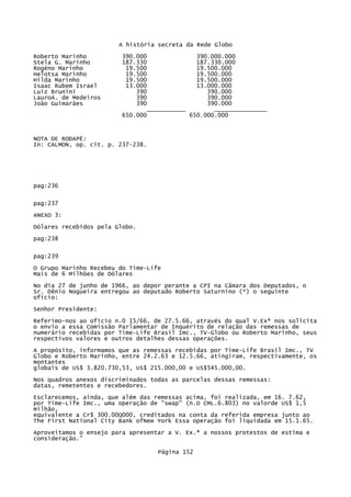 A história secreta da Rede Globo
Roberto Marinho
Stela G. Marinho
Rogéno Marinho
Helotsa Marinho
Hilda Marinho
Isaac Rubem Israel
Luiz Brunini
LauroA. de Medeiros
João Guimarães

390.000
390.000.000
187.330
187.330.000
19.500
19.500.000
19.500
19.500.000
19.500
19.500.000
13.000
13.000.000
390
390.000
390
390.000
390
390.000
___________
_______________
650.000
650.000.000

NOTA DE RODAPÉ:
In: CALMON, op. cit. p. 237-238.

pag:236
pag:237
ANEXO 3:
Dólares recebidos pela Globo.
pag:238
pag:239
O Grupo Marinho Recebeu do Time-Life
Mais de 6 Milhões de Dólares
No dia 27 de junho de 1966, ao depor perante a CPI na Câmara dos Deputados, o
Sr. Dênio Nogueira entregou ao deputado Roberto Saturníno (*) o seguinte
ofício:
Senhor Presidente:
Referimo-nos ao ofício n.0 15/66, de 27.5.66, através do qual V.Exª nos solicita
o envio a essa Comissão Parlamentar de Inquérito de relação das remessas de
numerário recebidas por Time-Life Brasil Imc., TV-Globo ou Roberto Marinho, seus
respectivos valores e outros detalhes dessas operações.
A propósito, informamos que as remessas recebidas por Time-Life Brasil Imc., TV
Globo e Roberto Marinho, entre 24.2.63 e 12.5.66, atingiram, respectivamente, os
montantes
globais de US$ 3.820.730,53, US$ 215.000,00 e US$545.000,00.
Nos quadros anexos discriminados todas as parcelas dessas remessas:
datas, remetentes e recebedores.
Esclarecemos, ainda, que além das remessas acima, foi realizada, em 16. 7.62,
por Time-Life Imc., uma operação de "swap" (n.O CML.6.803) no valorde US$ 1,5
milhão,
equivalente a Cr$ 300.00Q000, creditados na conta da referida empresa junto ao
The First National City Bank ofNew York Essa operação foi liquidada em 15.1.65.
Aproveitamos o ensejo para apresentar a V. Ex.ª a nossos protestos de estima e
consideração."
Página 152

 