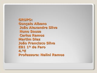 GRUPO: Gonçalo Albano  João Alexandre Silva  Nuno Sousa  Carlos Ramos Martim Diaz João Francisco Silva EB1 1º de Faro 4.ºE Professora: Nalini Ramos 