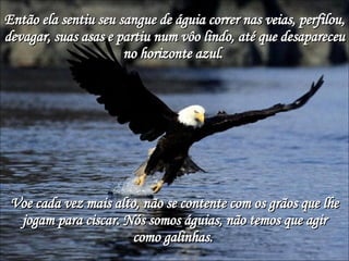 Então ela sentiu seu sangue de águia correr nas veias, perfilou, devagar, suas asas e partiu num vôo lindo, até que desapareceu no horizonte azul.  Voe cada vez mais alto, não se contente com os grãos que lhe jogam para ciscar. Nós somos águias, não temos que agir como galinhas.  