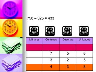 758 – 325 = 433 3 3 4 5 2 3 8 5 7 Unidades Dezenas Centenas Milhares 