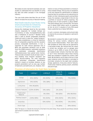 cognizant 20-20 insights 2
We looked at some real-world examples and case
studies to understand the true benefits of using
big data and allied concepts in the mortgage
industry.
The case study below describes the use of text
data to increase the accuracy of decision-making.
Real Estate Industry Case Study: Using
Unstructured Data for Enhancing
Accuracy of Property Valuations
Among the challenges faced by the real estate
industry (especially for multiple listings) are
inconsistency of data, incomplete/missing data
and a multiplicity of sources.4,14
Multiple listing
data is used to decide comparable properties
(listed and sold) to value the “subject property.”
Thus, data completeness is critical for identifica-
tion of comparable properties and the valuation
process. Comparable identification, in turn, is
important for both manual appraisals (full or
BPO) and automated valuations such as AVM.
Since the 2008 recession, automated valuations
and automated comparable identification
methods/processes have gained some traction.
These provide consistent results at lower costs,12,13
thus enabling more frequent valuations and
better decision-making. The most frequently
used automated comparable identification
method is based on Euclidian distance on key
property parameters such as area, age, number
of bedrooms and bathrooms, etc. However, infor-
mation on many of these parameters is missing in
many multiple listings. The accuracy of valuations
is not only relevant for identification of collateral
fraud but also for providing an accurate picture to
lenders on their individual property and portfolio
losses. For example, a large lender in the U.S. has
a portfolio of around 10 million properties. The
average price of each property is about $250K.
The typical default rate is around 10%. This works
out to almost $250 billion worth of properties
at risk. An error in valuation of only 10% would
mean a potential loss of about $25 billion.
In such a scenario, leveraging unstructured data
to improve the accuracy of valuation is well worth
the effort.
We decided to analyze the data in eight multiple
listings for various numeric, categorical and
unstructured fields/variables. There were about
200 variables for which data can be captured by
a real-estate broker. We noticed that the values
in certain key variables such as garages were
missing in up to 100% of some of the listings.
We studied broker remarks (free-flow text data)
to see if more information about these missing
fields was available to validate the numeric data
fields. We decided to use R code to find out in how
many instances some information is provided in
the broker remarks for the eight main variables:
garage, appliances, living area, exterior features,
construction material, parking carport, amenities
and porch type.
Provision of Information for Eight Main Variables
Figure 1
Note: The figures in () indicate the missing % of the field in the entire listing. Those outside the parentheses indicate
approximate % available from text remarks.
 