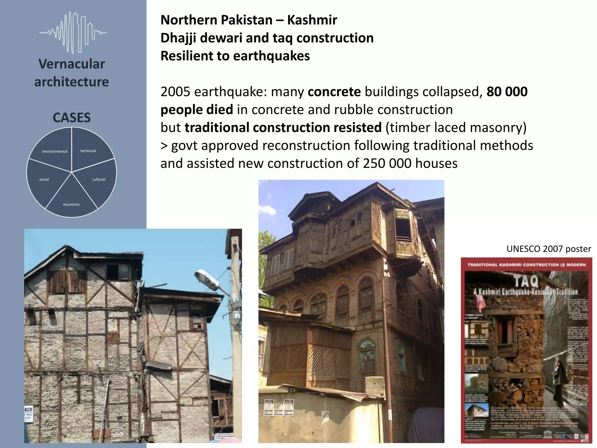 Northern Pakistan – Kashmir
Dhajji dewari and taq construction
Resilient to earthquakes
2005 earthquake: many concrete buildings collapsed, 80 000
people died in concrete and rubble construction
but traditional construction resisted (timber laced masonry)
> govt approved reconstruction following traditional methods
and assisted new construction of 250 000 houses
technical
cultural
economic
social
environmental
UNESCO 2007 poster
Vernacular
architecture
CASES
 
