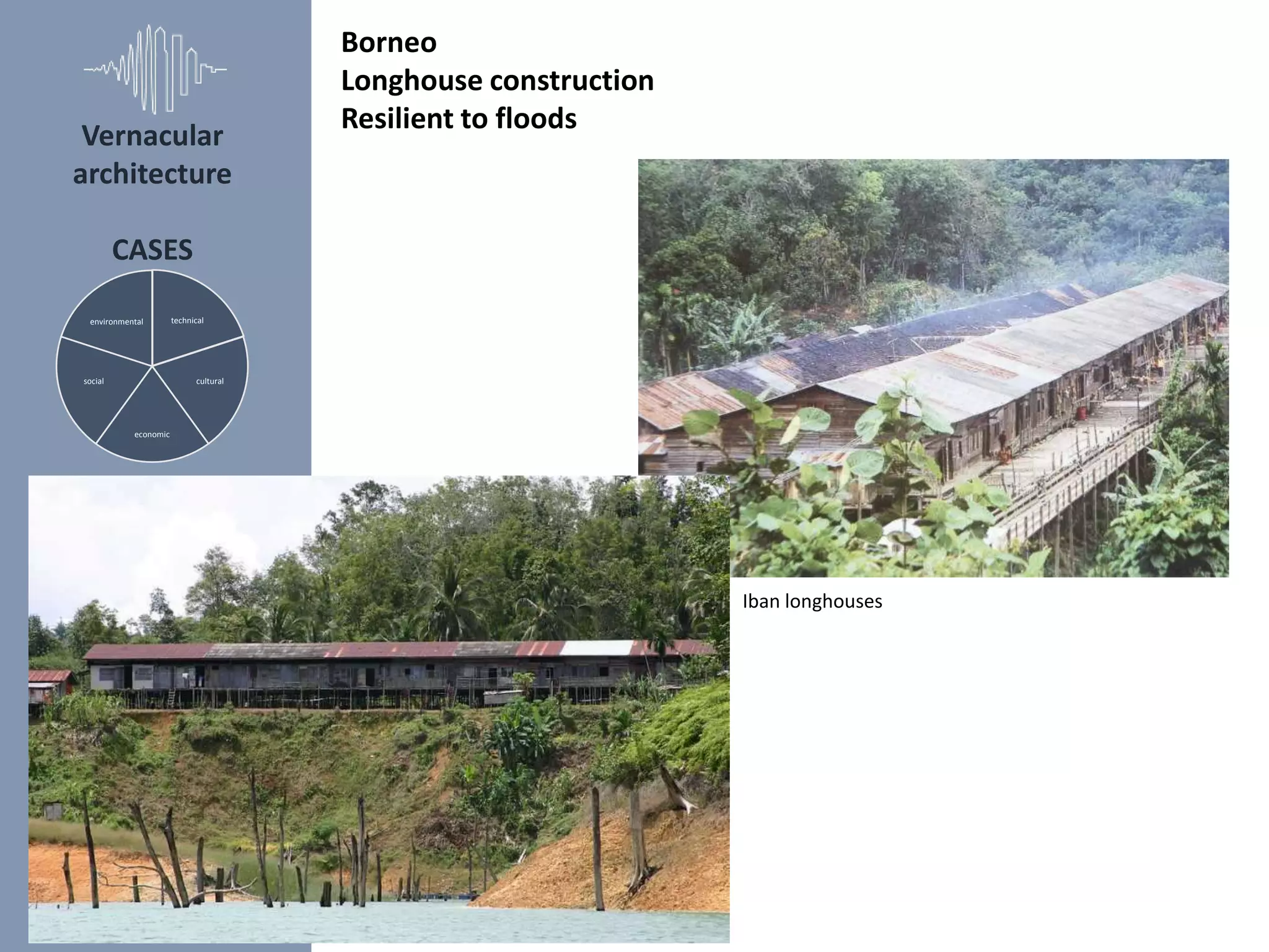 Vernacular
architecture
CASES
technical
cultural
economic
social
environmental
Iban longhouses
Borneo
Longhouse construction
Resilient to floods
 