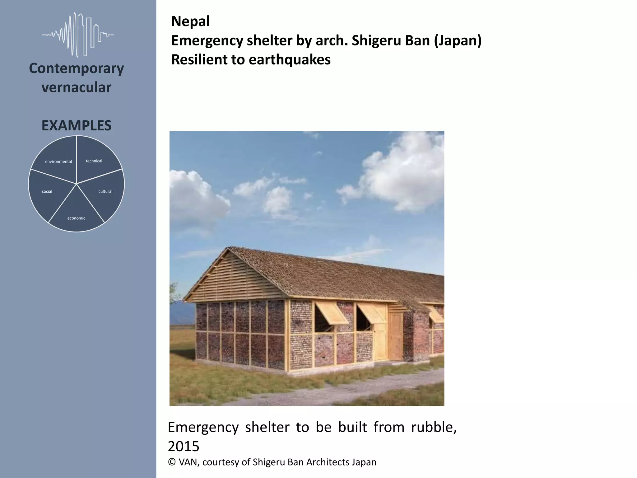 Emergency shelter to be built from rubble,
2015
© VAN, courtesy of Shigeru Ban Architects Japan
Nepal
Emergency shelter by arch. Shigeru Ban (Japan)
Resilient to earthquakes
technical
cultural
economic
social
environmental
Contemporary
vernacular
EXAMPLES
 