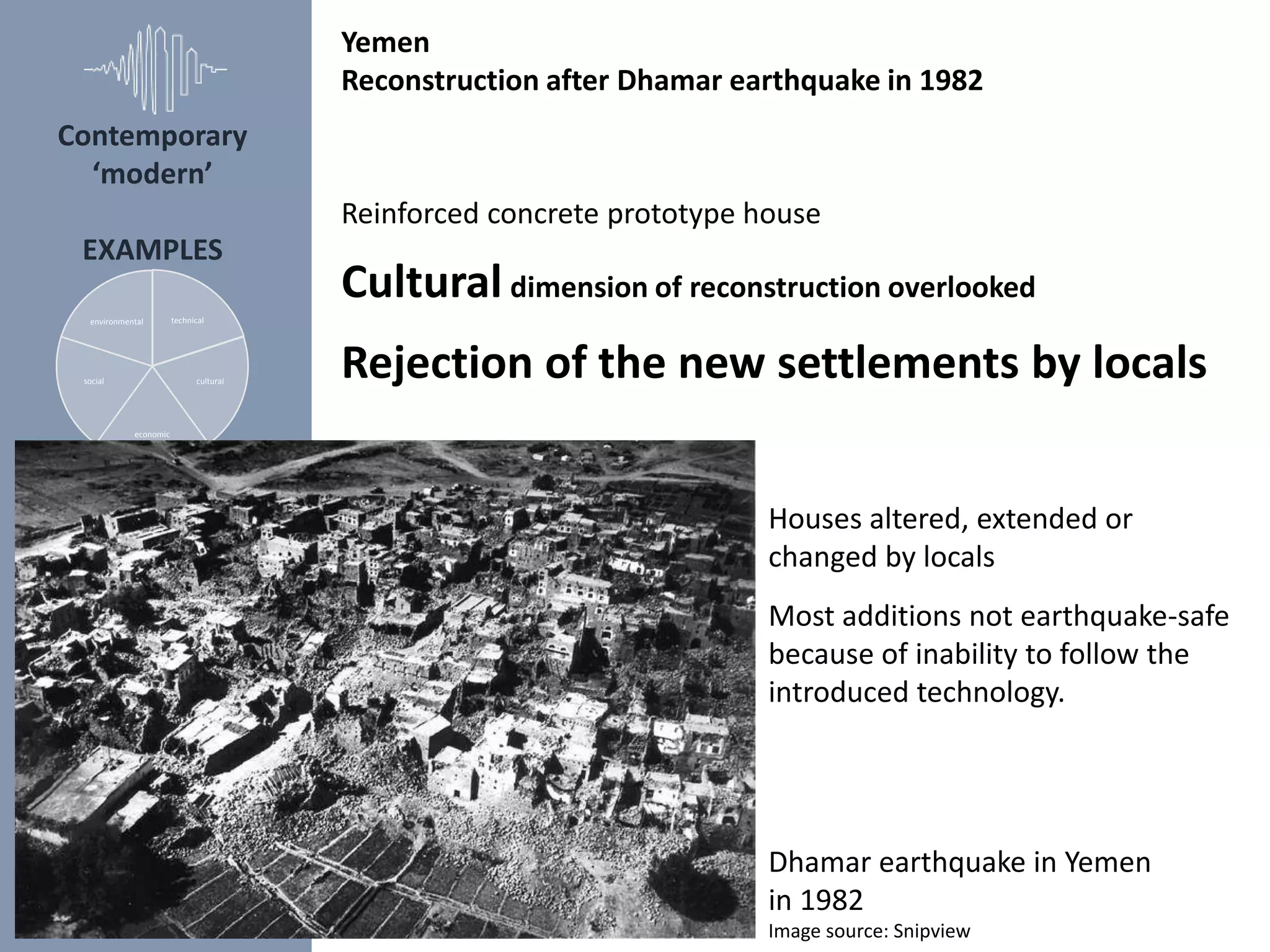 Contemporary
‘modern’
EXAMPLES
technical
cultural
economic
social
environmental
Yemen
Reconstruction after Dhamar earthquake in 1982
Image source: Snipview
Dhamar earthquake in Yemen
in 1982
Cultural dimension of reconstruction overlooked
Rejection of the new settlements by locals
Reinforced concrete prototype house
Houses altered, extended or
changed by locals
Most additions not earthquake-safe
because of inability to follow the
introduced technology.
 