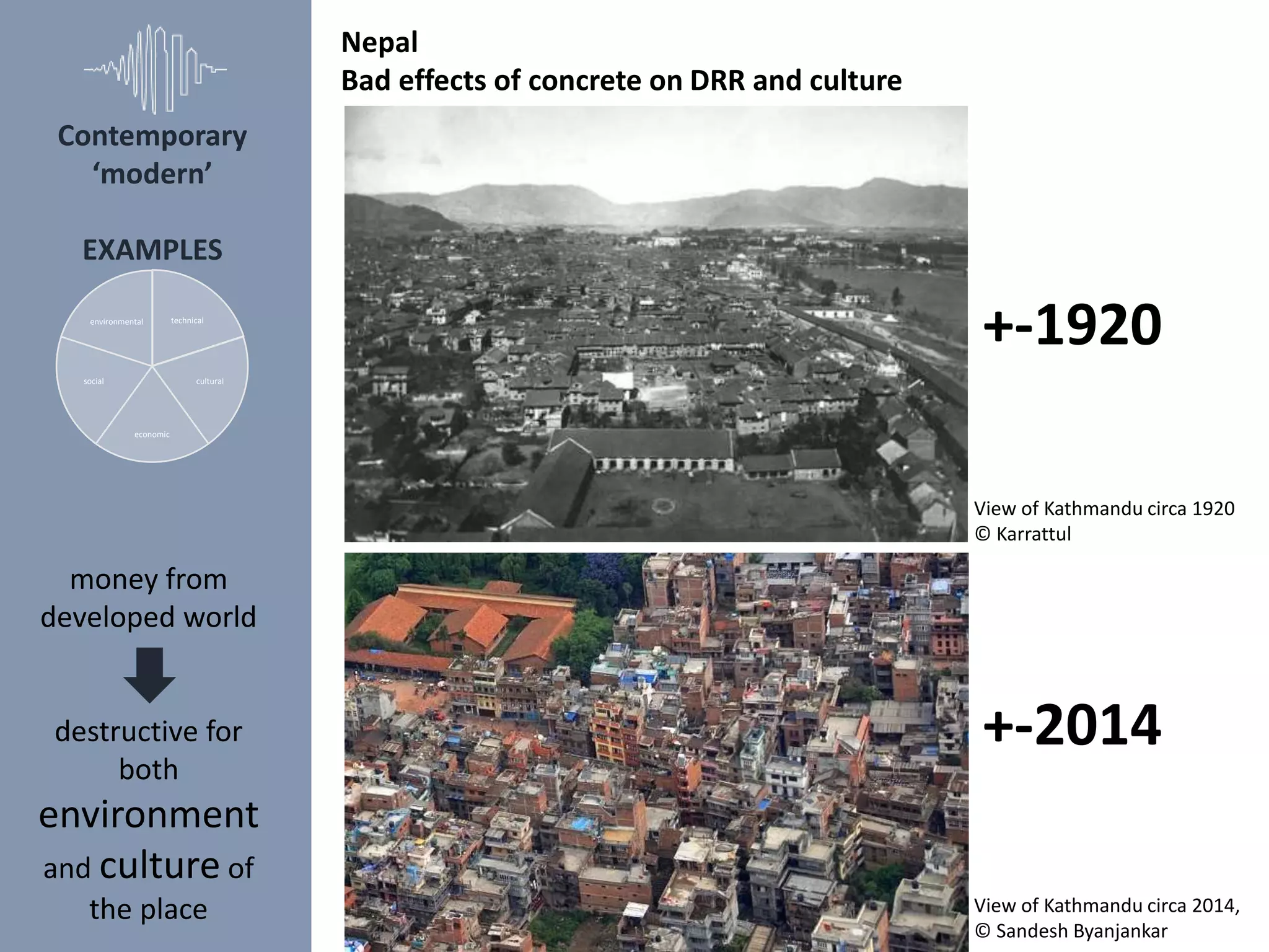 Contemporary
‘modern’
EXAMPLES
technical
cultural
economic
social
environmental
Nepal
Bad effects of concrete on DRR and culture
money from
developed world
destructive for
both
environment
and culture of
the place View of Kathmandu circa 2014,
© Sandesh Byanjankar
View of Kathmandu circa 1920
© Karrattul
+-1920
+-2014
 