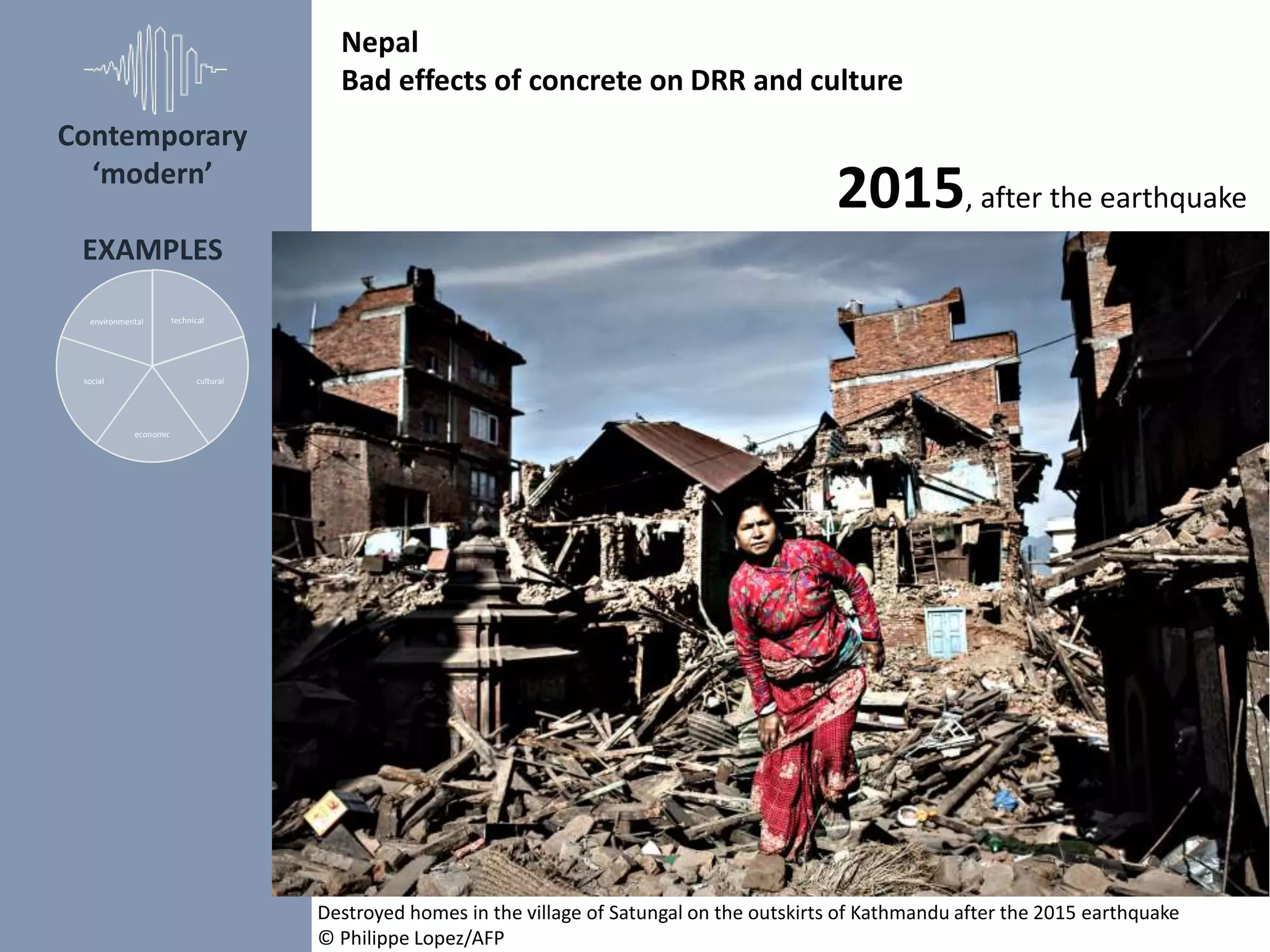 Contemporary
‘modern’
EXAMPLES
technical
cultural
economic
social
environmental
Nepal
Bad effects of concrete on DRR and culture
Destroyed homes in the village of Satungal on the outskirts of Kathmandu after the 2015 earthquake
© Philippe Lopez/AFP
2015, after the earthquake
 