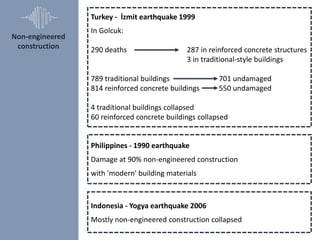 Non-engineered
construction
Turkey - İzmit earthquake 1999
In Golcuk:
290 deaths 287 in reinforced concrete structures
3 i...
