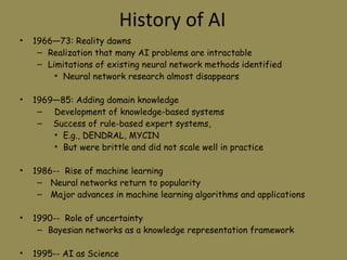History of AI 1966—73: Reality dawns Realization that many AI problems are intractable Limitations of existing neural network methods identified Neural network research almost disappears 1969—85: Adding domain knowledge Development of knowledge-based systems Success of rule-based expert systems, E.g., DENDRAL, MYCIN But were brittle and did not scale well in practice 1986--  Rise of machine learning Neural networks return to popularity Major advances in machine learning algorithms and applications 1990--  Role of uncertainty Bayesian networks as a knowledge representation framework 1995-- AI as Science Integration of learning, reasoning, knowledge representation AI methods used in vision, language, data mining, etc 