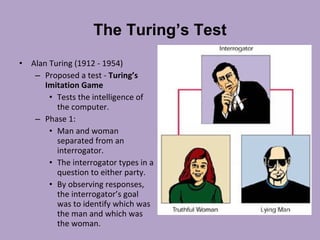 The Turing’s Test Alan Turing (1912 - 1954)  Proposed a test -  Turing’s Imitation Game Tests the intelligence of the computer. Phase 1:  Man and woman separated from an interrogator. The interrogator types in a question to either party. By observing responses, the interrogator’s goal was to identify which was the man and which was the woman. 