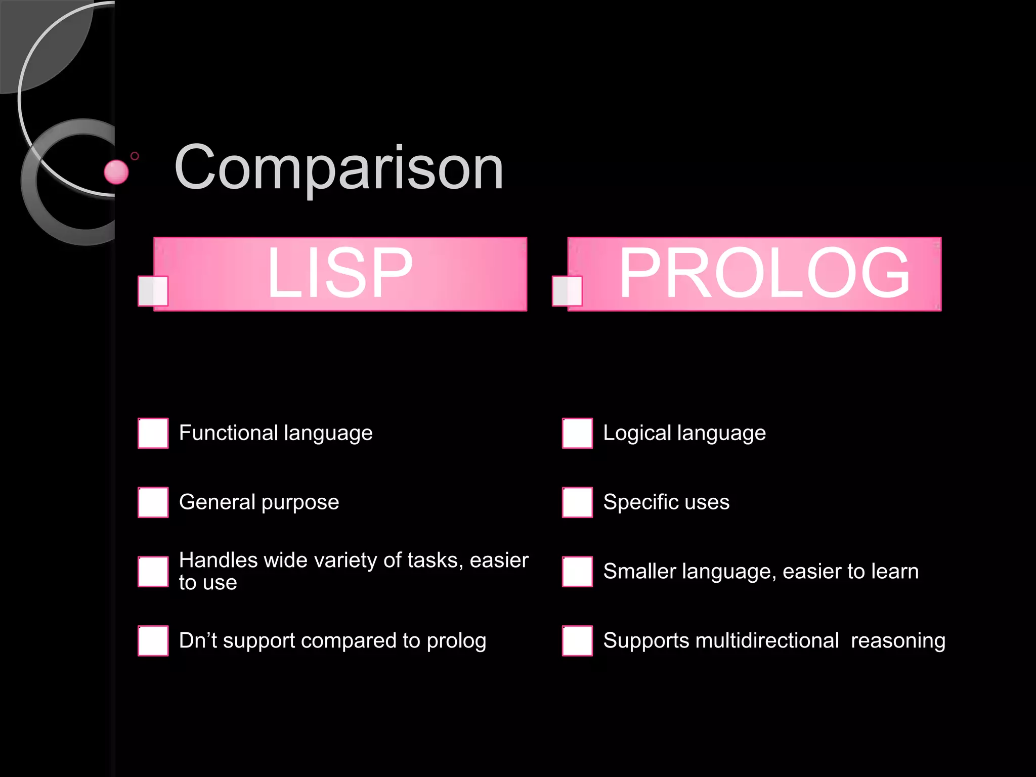 Comparison
         LISP                            PROLOG

Functional language                     Logical language


General purpose                         Specific uses

Handles wide variety of tasks, easier
                                        Smaller language, easier to learn
to use

Dn’t support compared to prolog         Supports multidirectional reasoning
 