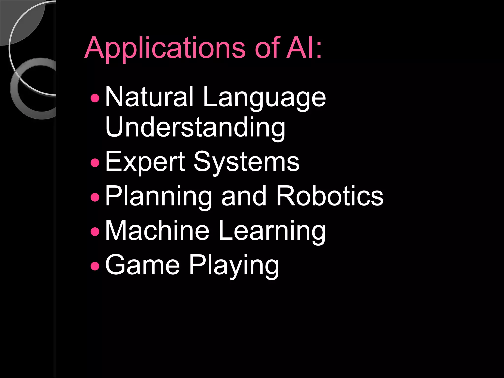 Applications of AI:
 Natural Language
  Understanding
 Expert Systems
 Planning and Robotics
 Machine Learning
 Game Playing
 