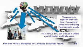 The process is repeated time after time, thousands of times a day achieving these dramatic results.This is how AI SEO can produce in weeks what otherwise would take years !How does Artificial Intelligence SEO produces its dramatic results?			6/6