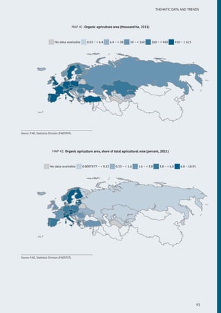 THEMATIC DATA AND TRENDS
MAP 41: Organic agriculture area (thousand ha, 2011)
No data available 0.03 ~ < 6.4 6.4 ~ < 38 38 ~ < 160 160 ~ < 450 450 ~ 1 625
Source: FAO, Statistics Division (FAOSTAT).
MAP 42: Organic agriculture area, share of total agricultural area (percent, 2011)
No data available 0.0007877 ~ < 0.33 0.33 ~ < 1.6 1.6 ~ < 3.8 3.8 ~ < 6.8 6.8 ~ 18.91
Source: FAO, Statistics Division (FAOSTAT).
93
 