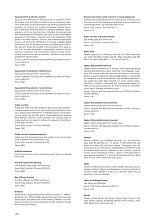 Aquaculture ﬁsh production (tonnes)
Aquaculture is deﬁned as the farming of aquatic organisms. Farm-
ing implies some form of intervention in the rearing process to en-
hance production, such as regular stocking, feeding, protection from
predators, etc. Farming also implies individual or corporate owner-
ship of the stock being cultivated. For statistical purposes, aquatic
organisms which are harvested by an individual or corporate body
which has owned them throughout their rearing period contribute to
aquaculture, while aquatic organisms which are exploitable by the
public as a common property resource, with or without appropriate
licenses, are the harvest of ﬁsheries. In the case of capture-based
aquaculture, only the incremental growth (or weight gain) in captiv-
ity, could and should be reported as the production from aquacul-
ture. Data included here covers an aquaculture production of ﬁsh,
molluscs, crustaceans and miscellaneous aquatic animals but ex-
cluding production for marine mammals, crocodiles, corals, pearls,
sponges and aquatic plants.
Source: Fisheries and Aquaculture Department (Fishery and Aqua-
culture statistics)
Owner: FAO
Aquaculture ﬁsh production inland (tonnes)
Aquaculture production from inland areas.
Source: Fisheries and Aquaculture Department (Fishery and Aqua-
culture statistics)
Owner: FAO
Aquaculture ﬁsh production marine (tonnes)
Aquaculture production from marine areas.
Source: Fisheries and Aquaculture Department (Fishery and Aqua-
culture statistics)
Owner: FAO
Arable land (ha)
Arable land is the land under temporary agricultural crops (multiple-
cropped areas are counted only once), temporary meadows for mow-
ing or pasture, land under market and kitchen gardens and land tem-
porarily fallow (less than ﬁve years). The abandoned land resulting
from shifting cultivation is not included in this category. Data for
’Arable land’ are not meant to indicate the amount of land that is
potentially cultivable.
Source: FAO, Statistics Division (FAOSTAT)
Owner: FAO
Arable land and permanent crops (ha)
Arable land and Permanent crops, this category is the sum of areas
under ’Arable land’ and ’Permanent crops’.
Source: FAO, Statistics Division (FAOSTAT)
Owner: FAO
Artiﬁcial sweeteners
High-intensity or low-caloric sweetening agents that are produced
chemically.
Beef and buffalo meat (tonnes)
See ’Buffalos’, ’Meat, total’, and ’Production’.
Source: FAO, Statistics Division (FAOSTAT)
Owner: FAO
Beer of barley (tonnes)
See ’Beer of barley’ and ’Crop production’.
Source: FAO, Statistics Division (FAOSTAT)
Owner: FAO
Buffaloes
Indian, Asiatic, pigmy, water buffalo (Bubalus bubalus; B. arnee; B.
depressicornis); African buffalo (genus Syncerus); American bison
(Bison bison); European bison (Bison bonasus); beeffalo (cross be-
tween a bison and a domesticated beef animal). See 866. Excludes
wild bisons and buffaloes.
Burning crop residues, total emissions in CO2eq (gigagrams)
Greenhouse Gas (GHG) emissions from burning crop residues consist
of methane and nitrous oxide gases produced by the combustion of
a percentage of the crop residues burnt on-site.
Source: FAO, Statistics Division (FAOSTAT)
Owner: FAO
Butter and ghee production (tonnes)
See ’Butter, ghee’ and ’Production’.
Source: FAO, Statistics Division (FAOSTAT)
Owner: FAO
Butter, Ghee
Default composition: 886 Butter, cow milk, 887 Ghee, butteroil of
cow milk, 952 Butter, buffalo milk, 953 Ghee, of buffalo milk, 983
Butter and ghee, sheep milk, 1022 Butter of goat mlk
Capture ﬁsh production (tonnes)
Capture ﬁshery is deﬁned as the hunting, collecting and gathering
activities directed at removing or collecting live wild aquatic organ-
isms. The capture production statistics here indicates the nominal
catches of aquatic organisms, killed, caught, trapped or collected for
all commercial, industrial, recreational and subsistence purposes in
live weight equivalent. Data included here covers capture produc-
tion of ﬁsh, molluscs, crustaceans and miscellaneous aquatic an-
imals but excluding production for marine mammals, crocodiles,
corals, pearls, sponges and aquatic plants.
Source: Fisheries and Aquaculture Department (Fishery and Aqua-
culture statistics)
Owner: FAO
Capture ﬁsh production inland (tonnes)
Capture ﬁshery production from inland areas.
Source: Fisheries and Aquaculture Department (Fishery and Aqua-
culture statistics)
Owner: FAO
Capture ﬁsh production marine (tonnes)
Capture ﬁshery production from marine areas.
Source: Fisheries and Aquaculture Department (Fishery and Aqua-
culture statistics)
Owner: FAO
Cassava
Manioc, mandioca, yuca (Manihot esculenta, syn. M. utilissima);
yuca dulce (M. palmata, syn. M. dulcis). A semi-permanent crop
grown in tropical and subtropical regions. Sometimes bitter and
sweet cassavas are referred to as separate species, the former being
M. esculenta and the latter M. palmata, but this is incorrect since the
toxicity varies according to location. Cassava is the staple food in
many tropical countries. It is not traded internationally in its fresh
state because tubers deteriorate very rapidly.
Cattle
Common ox (Bos taurus); zebu, humped ox (Bos indicus); Asiatic ox
(subgenus Bibos); Tibetan yak (Poephagus grunniens). Animals of
the genus listed, regardless of age, sex, or purpose raised. Data are
expressed in number of heads.
Cattle and buffaloes (heads)
See ’Cattle’ and ’Buffaloes’.
Source: FAO, Statistics Division (FAOSTAT)
Owner: FAO
Cereals
Cereals include Wheat, Rice Paddy, Barley, Maize, Popcorn, Rye,
Oats, Millets, Sorghum, Buckwheat, Quinoa, Fonio, Triticale, Canary
Seed, Mixed Grain and Cereals Nes.
100
 