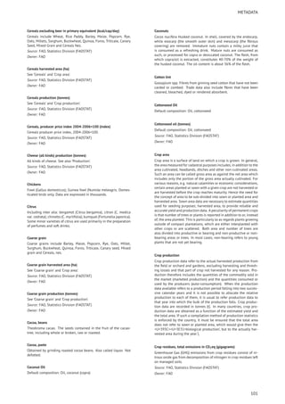 METADATA
Cereals excluding beer in primary equivalent (kcal/cap/day)
Cereals include Wheat, Rice Paddy, Barley, Maize, Popcorn, Rye,
Oats, Millets, Sorghum, Buckwheat, Quinoa, Fonio, Triticale, Canary
Seed, Mixed Grain and Cereals Nes.
Source: FAO, Statistics Division (FAOSTAT)
Owner: FAO
Cereals harvested area (ha)
See ’Cereals’ and ’Crop area’.
Source: FAO, Statistics Division (FAOSTAT)
Owner: FAO
Cereals production (tonnes)
See ’Cereals’ and ’Crop production’.
Source: FAO, Statistics Division (FAOSTAT)
Owner: FAO
Cereals, producer price index 2004-2006=100 (index)
Cereals producer price index, 2004-2006=100.
Source: FAO, Statistics Division (FAOSTAT)
Owner: FAO
Cheese (all kinds) production (tonnes)
All kinds of cheese. See also ’Production’.
Source: FAO, Statistics Division (FAOSTAT)
Owner: FAO
Chickens
Fowl (Gallus domesticus); Guinea fowl (Numida meleagris. Domes-
ticated birds only. Data are expressed in thousands.
Citrus
Including inter alia: bergamot (Citrus bergamia); citron (C. medica
var. cedrata); chinotto (C. myrtifolia); kumquat (Fortunella japonica).
Some minor varieties of citrus are used primarily in the preparation
of perfumes and soft drinks.
Coarse grain
Coarse grains include Barley, Maize, Popcorn, Rye, Oats, Millet,
Sorghum, Buckwheat, Quinoa, Fonio, Triticale, Canary seed, Mixed
grain and Cereals, nes.
Coarse grain harvested area (ha)
See ’Coarse grain’ and ’Crop area’.
Source: FAO, Statistics Division (FAOSTAT)
Owner: FAO
Coarse grain production (tonnes)
See ’Coarse grain’ and ’Crop production’.
Source: FAO, Statistics Division (FAOSTAT)
Owner: FAO
Cocoa, beans
Theobroma cacao. The seeds contained in the fruit of the cacao-
tree, including whole or broken, raw or roasted.
Cocoa, paste
Obtained by grinding roasted cocoa beans. Also called liquor. Not
defatted.
Coconut Oil
Default composition: Oil, coconut (copra)
Coconuts
Cocos nucifera Husked coconut. In shell, covered by the endocarp,
while exocarp (the smooth outer skin) and mesocarp (the ﬁbrous
covering) are removed. Immature nuts contain a milky juice that
is consumed as a refreshing drink. Mature nuts are consumed as
such, or processed for copra or desiccated coconut. The ﬂesh, from
which copra/oil is extracted, constitutes 40-70% of the weight of
the husked coconut. The oil content is about 36% of the ﬂesh.
Cotton lint
Gossypium spp. Fibres from ginning seed cotton that have not been
carded or combed. Trade data also include ﬁbres that have been
cleaned, bleached, dyed or rendered absorbent.
Cottonseed Oil
Default composition: Oil, cottonseed
Cottonseed oil (tonnes)
Default composition: Oil, cottonseed
Source: FAO, Statistics Division (FAOSTAT)
Owner: FAO
Crop area
Crop area is a surface of land on which a crop is grown. In general,
the area measured for cadastral purposes includes, in addition to the
area cultivated, headlands, ditches and other non-cultivated areas.
Such an area can be called gross area as against the net area which
includes only the portion of the gross area actually cultivated. For
various reasons, e.g. natural calamities or economic considerations,
certain areas planted or sown with a given crop are not harvested or
are harvested before the crop reaches maturity. Hence the need for
the concept of area to be sub-divided into sown or planted area and
harvested area. Sown area data are necessary to estimate quantities
used for seeding purposes; harvested area, to provide reliable and
accurate yield and production data. A peculiarity of permanent crops
is that number of trees or plants is reported in addition to or, instead
of, the area planted. This is particularly so as regards plants growing
outside of compact plantations, which are either interplanted with
other crops or are scattered. Both area and number of trees are
also divided into productive or bearing and non-productive or non-
bearing areas or trees. In most cases, non-bearing refers to young
plants that are not yet bearing.
Crop production
Crop production data refer to the actual harvested production from
the ﬁeld or orchard and gardens, excluding harvesting and thresh-
ing losses and that part of crop not harvested for any reason. Pro-
duction therefore includes the quantities of the commodity sold in
the market (marketed production) and the quantities consumed or
used by the producers (auto-consumption). When the production
data available refers to a production period falling into two succes-
sive calendar years and it is not possible to allocate the relative
production to each of them, it is usual to refer production data to
that year into which the bulk of the production falls. Crop produc-
tion data are recorded in tonnes (t). In many countries, crop pro-
duction data are obtained as a function of the estimated yield and
the total area. If such a compilation method of production statistics
is enforced by the country, it must be ensured that the total area
does not refer to sown or planted area, which would give then the
<U+393C><U+3E31>biological production’, but to the actually har-
vested area during the year.
Crop residues, total emissions in CO2eq (gigagrams)
Greenhouse Gas (GHG) emissions from crop residues consist of ni-
trous oxide gas from decomposition of nitrogen in crop residues left
on managed soils.
Source: FAO, Statistics Division (FAOSTAT)
Owner: FAO
101
 