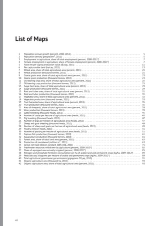 List of Maps
1 Population annual growth (percent, 2000-2012) . . . . . . . . . . . . . . . . . . . . . . . . . . . . . . . . . . . . . . . . . . . . . 5
2 Population density (people/km2, 2011) . . . . . . . . . . . . . . . . . . . . . . . . . . . . . . . . . . . . . . . . . . . . . . . . . . 5
3 Employment in agriculture, share of total employment (percent, 2000-2011*) . . . . . . . . . . . . . . . . . . . . . . . . . . 7
4 Female employment in agriculture, share of female employment (percent, 2000-2011*) . . . . . . . . . . . . . . . . . . . . 7
5 Food net per capita production value (I$/cap, 2011) . . . . . . . . . . . . . . . . . . . . . . . . . . . . . . . . . . . . . . . . . . 11
6 Per capita arable land (ha/cap, 2011) . . . . . . . . . . . . . . . . . . . . . . . . . . . . . . . . . . . . . . . . . . . . . . . . . . . . 13
7 Wheat area, share of total agricultural area (percent, 2011) . . . . . . . . . . . . . . . . . . . . . . . . . . . . . . . . . . . . . . 21
8 Wheat production (thousand tonnes, 2011) . . . . . . . . . . . . . . . . . . . . . . . . . . . . . . . . . . . . . . . . . . . . . . . . 21
9 Coarse grain area, share of total agricultural area (percent, 2011) . . . . . . . . . . . . . . . . . . . . . . . . . . . . . . . . . . 23
10 Coarse grain production (thousand tonnes, 2011) . . . . . . . . . . . . . . . . . . . . . . . . . . . . . . . . . . . . . . . . . . . . 23
11 Oil-bearing crop area, share of total agricultural area (percent, 2011) . . . . . . . . . . . . . . . . . . . . . . . . . . . . . . . 25
12 Oil-bearing crop production (thousand tonnes, 2011) . . . . . . . . . . . . . . . . . . . . . . . . . . . . . . . . . . . . . . . . . . 25
13 Sugar beet area, share of total agricultural area (percent, 2011) . . . . . . . . . . . . . . . . . . . . . . . . . . . . . . . . . . . 29
14 Sugar production (thousand tonnes, 2011) . . . . . . . . . . . . . . . . . . . . . . . . . . . . . . . . . . . . . . . . . . . . . . . . 29
15 Root and tuber area, share of total agricultural area (percent, 2011) . . . . . . . . . . . . . . . . . . . . . . . . . . . . . . . . 31
16 Root and tuber production (thousand tonnes, 2011) . . . . . . . . . . . . . . . . . . . . . . . . . . . . . . . . . . . . . . . . . . 31
17 Vegetable area, share of total agricultural area (percent, 2011) . . . . . . . . . . . . . . . . . . . . . . . . . . . . . . . . . . . . 33
18 Vegetable production (thousand tonnes, 2011) . . . . . . . . . . . . . . . . . . . . . . . . . . . . . . . . . . . . . . . . . . . . . . 33
19 Fruit harvested area, share of agricultural area (percent, 2011) . . . . . . . . . . . . . . . . . . . . . . . . . . . . . . . . . . . . 35
20 Fruit production (thousand tonnes, 2011) . . . . . . . . . . . . . . . . . . . . . . . . . . . . . . . . . . . . . . . . . . . . . . . . . 35
21 Area of vineyards, share of total agricultural area (percent, 2011) . . . . . . . . . . . . . . . . . . . . . . . . . . . . . . . . . . 39
22 Wine production (thousand tonnes, 2011) . . . . . . . . . . . . . . . . . . . . . . . . . . . . . . . . . . . . . . . . . . . . . . . . . 39
23 Cattle breeding (thousand heads, 2011) . . . . . . . . . . . . . . . . . . . . . . . . . . . . . . . . . . . . . . . . . . . . . . . . . . 45
24 Number of cattle per hectare of agricultural area (heads, 2011) . . . . . . . . . . . . . . . . . . . . . . . . . . . . . . . . . . . 45
25 Pig breeding (thousand heads, 2011) . . . . . . . . . . . . . . . . . . . . . . . . . . . . . . . . . . . . . . . . . . . . . . . . . . . . 47
26 Number of pigs per hectare of agricultural area (heads, 2011) . . . . . . . . . . . . . . . . . . . . . . . . . . . . . . . . . . . . 47
27 Sheep and goat breeding (thousand heads, 2011) . . . . . . . . . . . . . . . . . . . . . . . . . . . . . . . . . . . . . . . . . . . . 49
28 Number of sheep and goats per hectare of agricultural area (heads, 2011) . . . . . . . . . . . . . . . . . . . . . . . . . . . . . 49
29 Poultry (million heads, 2011) . . . . . . . . . . . . . . . . . . . . . . . . . . . . . . . . . . . . . . . . . . . . . . . . . . . . . . . . . 51
30 Number of poultry per hectare of agricultural area (heads, 2011) . . . . . . . . . . . . . . . . . . . . . . . . . . . . . . . . . . 51
31 Capture ﬁsh production (thousand tonnes, 2010) . . . . . . . . . . . . . . . . . . . . . . . . . . . . . . . . . . . . . . . . . . . . 61
32 Aquaculture production (thousand tonnes, 2010) . . . . . . . . . . . . . . . . . . . . . . . . . . . . . . . . . . . . . . . . . . . . 61
33 Forest area, share of total land area (percent, 2011) . . . . . . . . . . . . . . . . . . . . . . . . . . . . . . . . . . . . . . . . . . 63
34 Production of roundwood (million m3, 2011) . . . . . . . . . . . . . . . . . . . . . . . . . . . . . . . . . . . . . . . . . . . . . . . 63
35 Cereal net trade (billion constant 2005 US$, 2011) . . . . . . . . . . . . . . . . . . . . . . . . . . . . . . . . . . . . . . . . . . . 71
36 Freshwater resources withdrawn by agriculture (percent, 2000-2010*) . . . . . . . . . . . . . . . . . . . . . . . . . . . . . . . 85
37 Share of equipped area actually irrigated (percent, 2000-2012*) . . . . . . . . . . . . . . . . . . . . . . . . . . . . . . . . . . . 85
38 Nitrogen and phosphate fertilizers consumption per ha of arable land and permanent crops (kg/ha, 2009-2012*) . . . . 89
39 Pesticide use, kilograms per hectare of arable and permanent crops (kg/ha, 2009-2012*) . . . . . . . . . . . . . . . . . . . 89
40 Total agricultural greenhouse gas emissions (gigagrams CO2eq, 2010) . . . . . . . . . . . . . . . . . . . . . . . . . . . . . . . 91
41 Organic agriculture area (thousand ha, 2011) . . . . . . . . . . . . . . . . . . . . . . . . . . . . . . . . . . . . . . . . . . . . . . . 93
42 Organic agriculture area, share of total agricultural area (percent, 2011) . . . . . . . . . . . . . . . . . . . . . . . . . . . . . . 93
xii
 