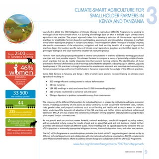 CLIMATE-SMART AGRICULTURE FOR 
SMALLHOLDER FARMERS IN 
KENYA AND TANZANIA 
Launched in 2010, the FAO Mitigation of Climate Change in Agriculture (MICCA) Programme is working to 
make agriculture more climate-smart. It is building a knowledge base on what it will take to put climate-smart 
agriculture into practice. The project approach taken is to develop a selection of climate-smart agricultural 
practices for smallholder farmers based on participatory assessments and consultative processes at multiple 
levels within its two pilot projects in Tanzania and Kenya. The development of the “menus of practices” involves 
site-specific assessments of the adaptation, mitigation and food security benefits of a range of agricultural 
practices. Given the location specific nature of climate-smart agriculture, practices are identified based on the 
given agro-ecological and socio-economic situation of each pilot project. 
Farmers from each pilot project participated in several consultations in the field to identify existing agricultural 
practices and their possible impacts. This allowed farmers to compose a menu of potentially suitable climate-smart 
practices that can be readily integrated into their current farming systems. The identification of these 
practices by farmers is followed by a set of trainings to facilitate the adoption and scaling-up. In addition, capacity 
development of CSA practices is strongly connected to an extension approach and incentive mechanisms (dairy 
farmer groups in Kenya and Farmer Field Schools in Tanzania) to promote the up-take of the different practices. 
Some 2500 farmers in Tanzania and Kenya – 46% of which were women, received training on climate-smart 
agricultural resulting in: 
CSA SUCCESS STORIES 9 
• 300 energy-efficient cooking stoves to reduce deforestation 
• 44 tree nurseries 
• 134 381 seedlings in stock and more than 33 500 tree seedlings planted 
• 235 terraces established to conserve soil and water 
• 2 biogas digesters to produce renewable energy from cow manure 
The relevance of the different CSA practices for individual farmers is shaped by institutions and socio-economic 
factors, including availability of and access to labour and land, as well as up-front investment costs, climatic 
risks, gender roles, and physical conditions such as soil fertility and health and access to water. In order to 
better understand the dynamics of adoption of the CSA practices and further inform agricultural policies and 
extension, MICCA will also analyse the constraints and factors driving adoption of CSA practices using the two 
pilot project sites as concrete cases. 
As the ground work on practices moves forward, national workshops, specifically targeted to policy makers, 
will be conducted to help review the results of past and on-going CSA work and test decisions related to their 
priorities with decision makers at different scales. These meetings will be a good opportunity to review the use 
of CSA practices in Nationally Appropriate Mitigation Actions, National Adaptation Plans, and other mechanisms. 
The FAO MICCA Programme is a multidisciplinary initiative that builds on FAO’s long-standing work carried out by its 
different technical departments and collaborates with international and national organizations. MICCA complements 
other FAO and United Nations efforts to address climate change and collaborates with the UN-REDD Programme. 
www.fao.org/climatechange/micca/79677/en/#approach 
3 
 