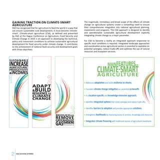 GAINING TRACTION ON CLIMATE-SMART 
AGRICULTURE 
FAO has recognized that for agriculture to feed the world in a way that 
can ensure sustainable rural development, it must become ‘climate-smart‘. 
Climate-smart agriculture (CSA), as defined and presented 
by FAO at the Hague Conference on Agriculture, Food Security and 
Climate Change in 2010 is an approach to developing the technical, 
policy and investment conditions to achieve sustainable agricultural 
development for food security under climate change. It contributes 
to the achievement of national food security and development goals 
with three objectives: 
2 CSA SUCCESS STORIES 
The magnitude, immediacy and broad scope of the effects of climate 
change on agricultural systems create a compelling need to ensure 
their comprehensive integration into national agricultural planning, 
investments and programs. The CSA approach is designed to identify 
and operationalize sustainable agricultural development explicitly 
integrating climate change as a major parameter. 
For CSA to become a reality an integrated approach responsive to 
specific local conditions is required. Integrated landscape approaches 
and coordination across agricultural sectors is essential to capitalize on 
potential synergies, reduce trade-offs and optimize the use of natural 
resources and ecosystem services. 
 