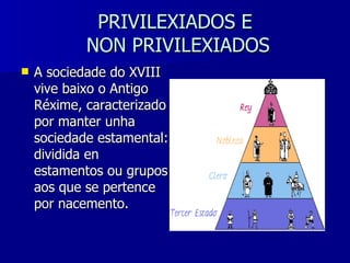 PRIVILEXIADOS E  NON PRIVILEXIADOS A sociedade do XVIII vive baixo o Antigo Réxime, caracterizado por manter unha sociedade estamental: dividida en estamentos ou grupos aos que se pertence por nacemento. 