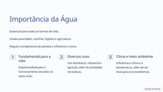 Importância da Água
Essencial para todas as formas de vida.
Usada para beber, cozinhar, higiene e agricultura.
Regula a temperatura do planeta e influencia o clima.
1 Fundamental para a
vida
Imprescindível para o
funcionamento de todos os
seres vivos.
2 Diversos usos
Uso doméstico, industrial e
agrícola, além de atividades
recreativas.
3 Clima e meio ambiente
Influencia o clima e a
temperatura, além de ser
vital para os ecossistemas.
 