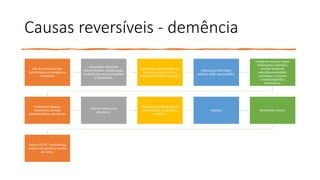 Causas reversíveis - demência
Uso de medicamentos
(psicotrópicos e analgésicos
narcóticos).
Metabólica (distúrbio
hidroeletrolítco, desidratação,
insuficiência renal ou hepática
e hipoxemia).
Neurológica (hidrocefalia de
pressão normal, tumor e
hematoma subdural crônico).
Infecciosas (Meningite
crônica, AIDS, neurossífilis).
Colágeno-Vascular (lúpus
eritematoso sistêmico,
arterite temporal,
vasculitereumatóide,
sarcoidose e púrpura
trombocitopênica
trombótica).
Endócrinas (doença
tireoidiana, doença
paratireoidiana, doença da
adrenal edoença da
pituitária).
Nutricionais (deficiência de
vitamina B12, ácido fólico,
tiamina e
niacina). Alcoolismo crônico.
Outras (DPOC, insuficiência
cardíaca congestiva e apnéia
do sono).
 