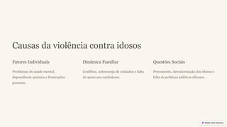 Causas da violência contra idosos
Fatores Individuais
Problemas de saúde mental,
dependência química e frustrações
pessoais.
Dinâmica Familiar
Conflitos, sobrecarga de cuidados e falta
de apoio aos cuidadores.
Questões Sociais
Preconceito, desvalorização dos idosos e
falta de políticas públicas eficazes.
 