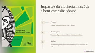 Impactos da violência na saúde
e bem-estar dos idosos
1 Físicos
Lesões, doenças crônicas e até a morte.
2 Psicológicos
Traumas, depressão, ansiedade e baixa autoestima.
3 Sociais
Isolamento, perda de autonomia e redução da qualidade de
vida.
 