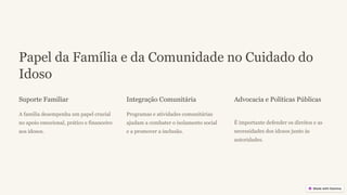 Papel da Família e da Comunidade no Cuidado do
Idoso
Suporte Familiar
A família desempenha um papel crucial
no apoio emocional, prático e financeiro
aos idosos.
Integração Comunitária
Programas e atividades comunitárias
ajudam a combater o isolamento social
e a promover a inclusão.
Advocacia e Políticas Públicas
É importante defender os direitos e as
necessidades dos idosos junto às
autoridades.
 