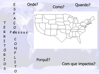 Onde? Como? Quando? Porquê? Com que impactos? E S P A Ç O S T E R R I T Ó R I O S C O N F L I T O S P e s s o a s 
