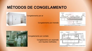 MÉTODOS DE CONGELAMENTO
Congelamento por ar
Congelamento por contato
Congelamento por imersão
Congelamento por aspersão
com líquidos resfriados.
 