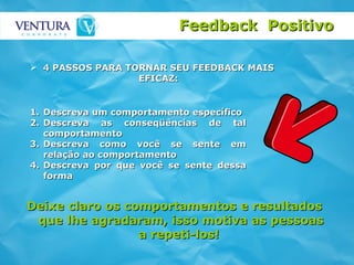 4 PASSOS PARA TORNAR SEU FEEDBACK MAIS EFICAZ: Feedback  Positivo  Descreva um comportamento específico Descreva as conseqüências de tal comportamento Descreva como você se sente em relação ao comportamento Descreva por que você se sente dessa forma Deixe claro os comportamentos e resultados que lhe agradaram, isso motiva as pessoas a repeti-los!  