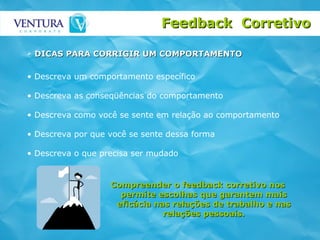 Descreva um comportamento específico Descreva as conseqüências do comportamento Descreva como você se sente em relação ao comportamento Descreva por que você se sente dessa forma Descreva o que precisa ser mudado Compreender o feedback corretivo nos permite escolhas que garantem mais eficácia nas relações de trabalho e nas relações pessoais. DICAS PARA CORRIGIR UM COMPORTAMENTO Feedback  Corretivo 