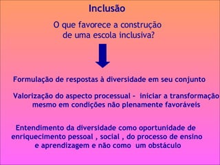 Inclusão O que favorece a construção de uma escola inclusiva? Formulação de respostas à diversidade em seu conjunto Valorização do aspecto processual –  iniciar a transformação mesmo em condições não plenamente favoráveis Entendimento da diversidade como oportunidade de  enriquecimento pessoal , social , do processo de ensino e aprendizagem e não como  um obstáculo 
