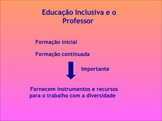 Educação Inclusiva e o Professor  Formação inicial  Importante Fornecem instrumentos e recursos  para o trabalho com a diversidade  Formação continuada  