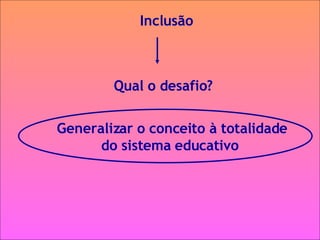 Inclusão Qual o desafio?  Generalizar o conceito à totalidade do sistema educativo  