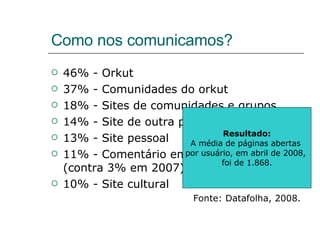 Como nos comunicamos? 46% - Orkut 37% - Comunidades do orkut 18% - Sites de comunidades e grupos 14% - Site de outra pessoa 13% - Site pessoal 11% - Comentário em sites de notícias (contra 3% em 2007) 10% - Site cultural Fonte: Datafolha, 2008. Resultado: A média de páginas abertas  por usuário, em abril de 2008,  foi de 1.868. 