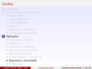 Outline
1 Introdu¸c˜ao
2 Um paradigma, muitas vis˜oes
Porque IoF?
Coisas orientadas
Itens inteligentes
Internet Ø
Orientada a Semˆantica
Tecnologias facilitadoras
3 Aplica¸c˜oes
Transporte e log´ıstica
Healthcare
Ambientes Inteligentes
Dom´ınio pessoal e social
Aplica¸c˜oes futurista
Endere¸camento e networking
Seguran¸ca e privacidade
Privacidade
4 Conclus˜oesLeinylson Fontinele (UECE - CCT) A Internet das Coisas T´opicos em Internet Futuro 63 / 81
 